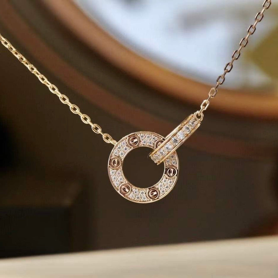 [AuraEcho]LOVE 7.6MM NECKLACE ROSE GOLD AND SILVER  FULL DIAMOND