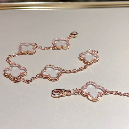 [AuraEcho]CLOVER 5 MOTIF ROCK CRYSTAL PINK GOLD BRACELET