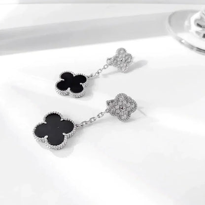 [AuraEcho]CLOVER 2 MOTIFS  DIAMOND ONYX EARRINGS SILVER