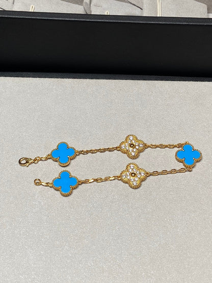 [AuraEcho]CLOVER 5 MOTIF BLUE CHALCEDONY DIAMOND GOLD BRACELET