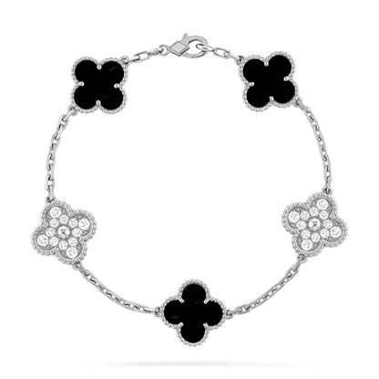[AuraEcho]CLOVER 5 MOTIF ONYXS DIAMOND BRACELET SILVER