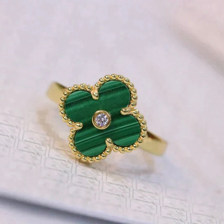 [AuraEcho]CLOVER MALACHITE RING GOLD DIAMOND