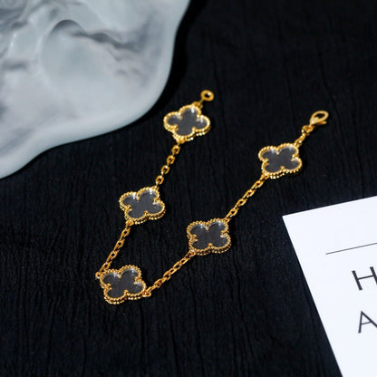 [AuraEcho]CLOVER 5 MOTIF ROCK CRYSTAL PINK GOLD BRACELET