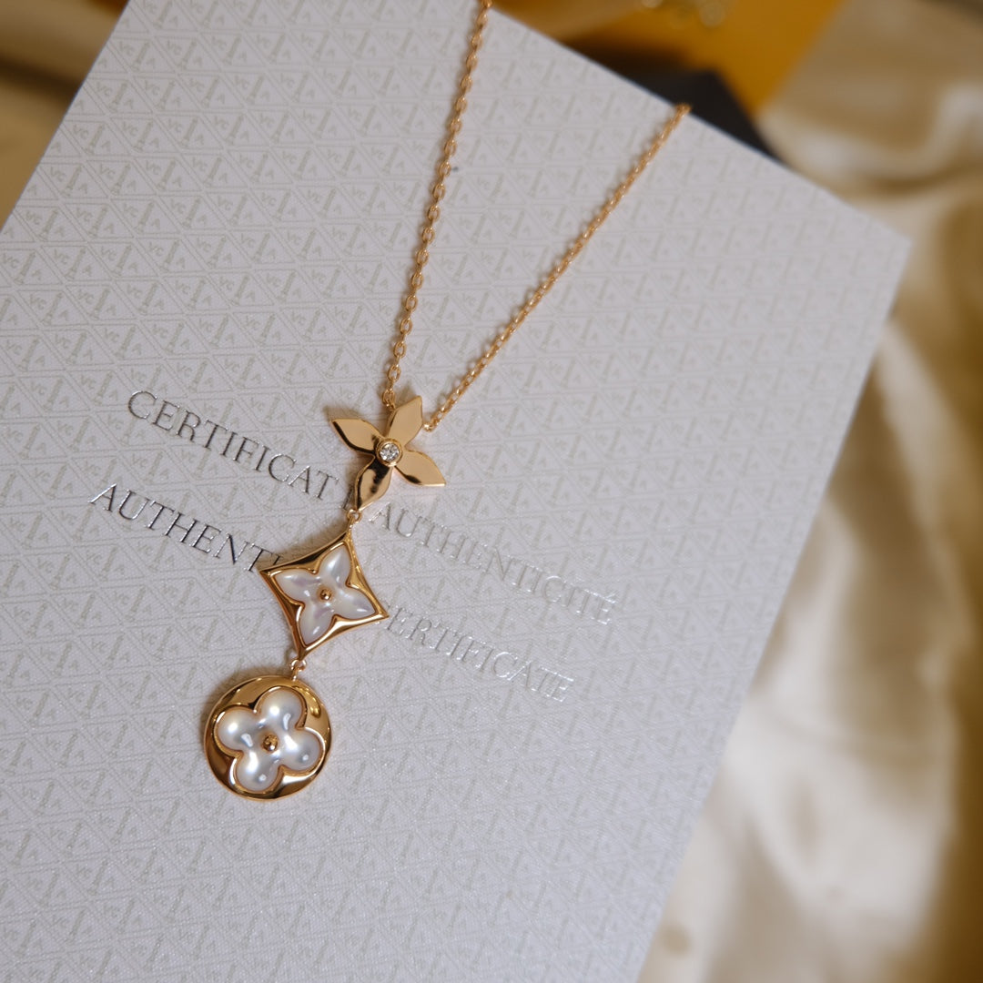 [AuraEcho]COLOR BLOSSOM LARIAT NECKLACE PINK GOLD WHITE MOTHER PEARL AND DIAMOND