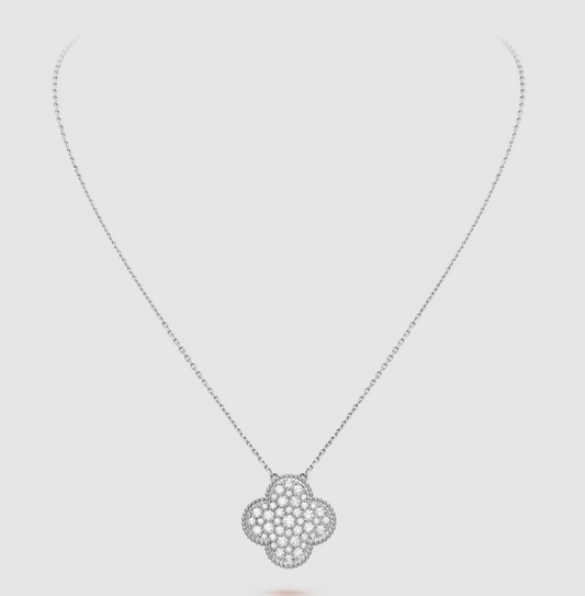 [AuraEcho]CLOVER 25MM LARGE PENDANT DIAMOND PAVED SILVER NECKLACE